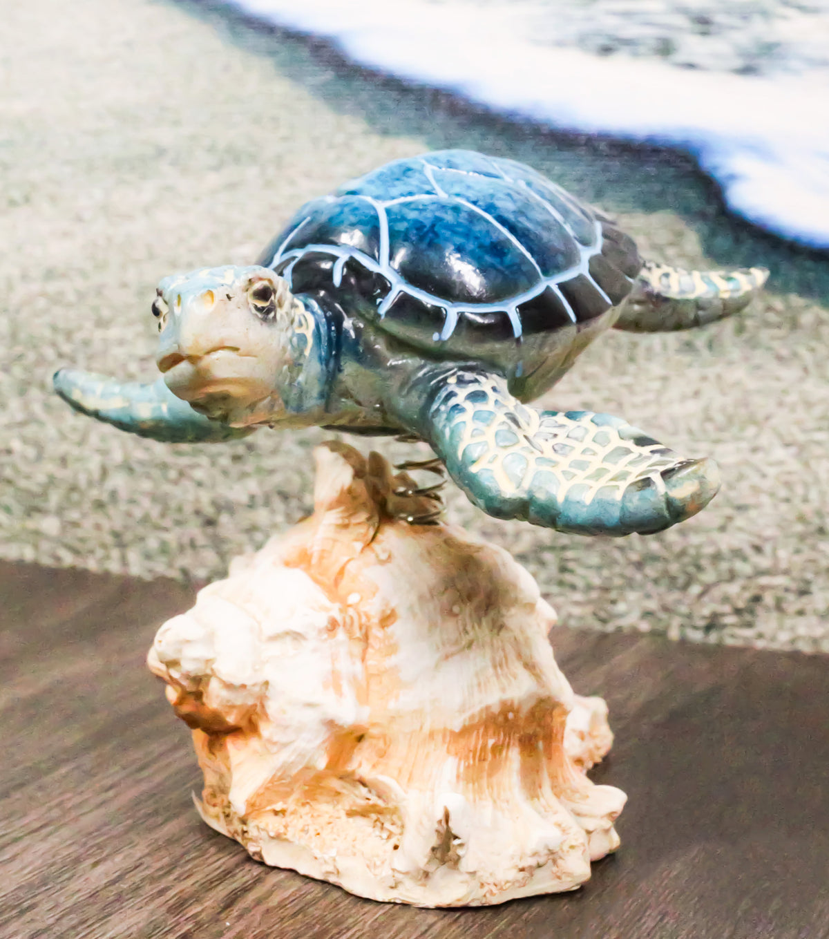 Ocean Marine Blue Sea Turtle Swimming Over Conch Shell Spring Bobble Figurine