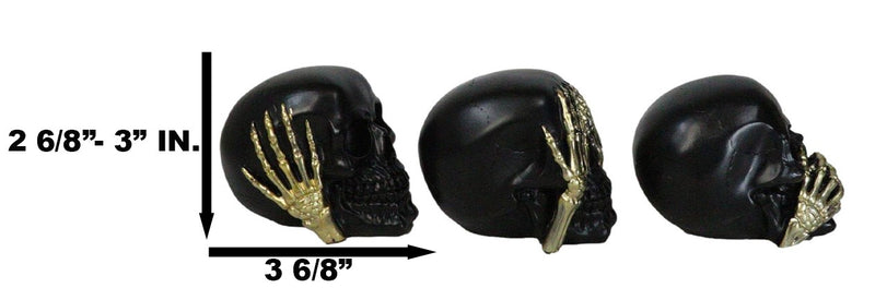 Set Of 3 Gothic Black See Hear Speak No Evil Skulls Golden Hands 3"H Figurines