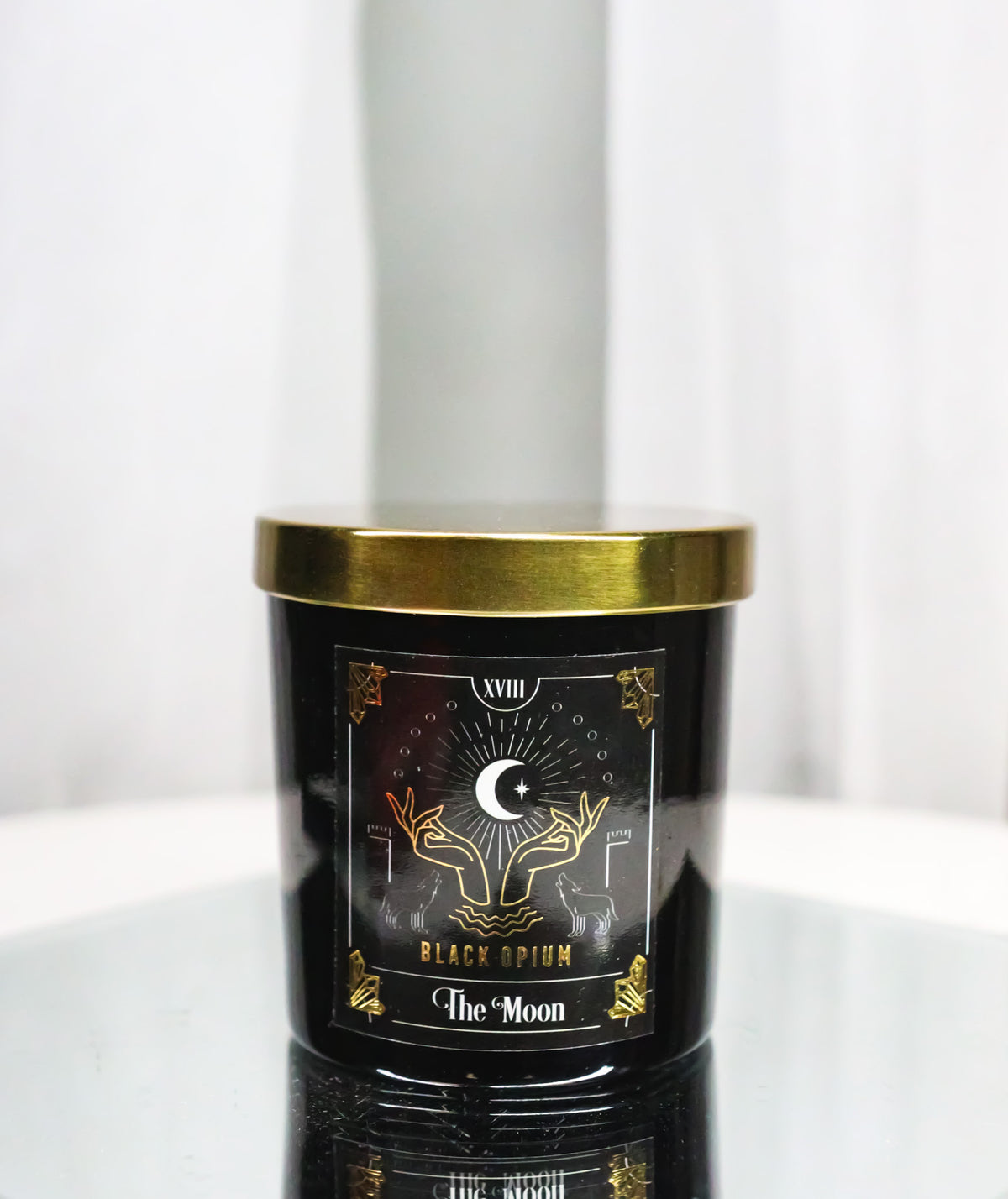 Wicca Witchcraft Mystic Tarot The Moon Black Opium Scented Candle With Gold Lid