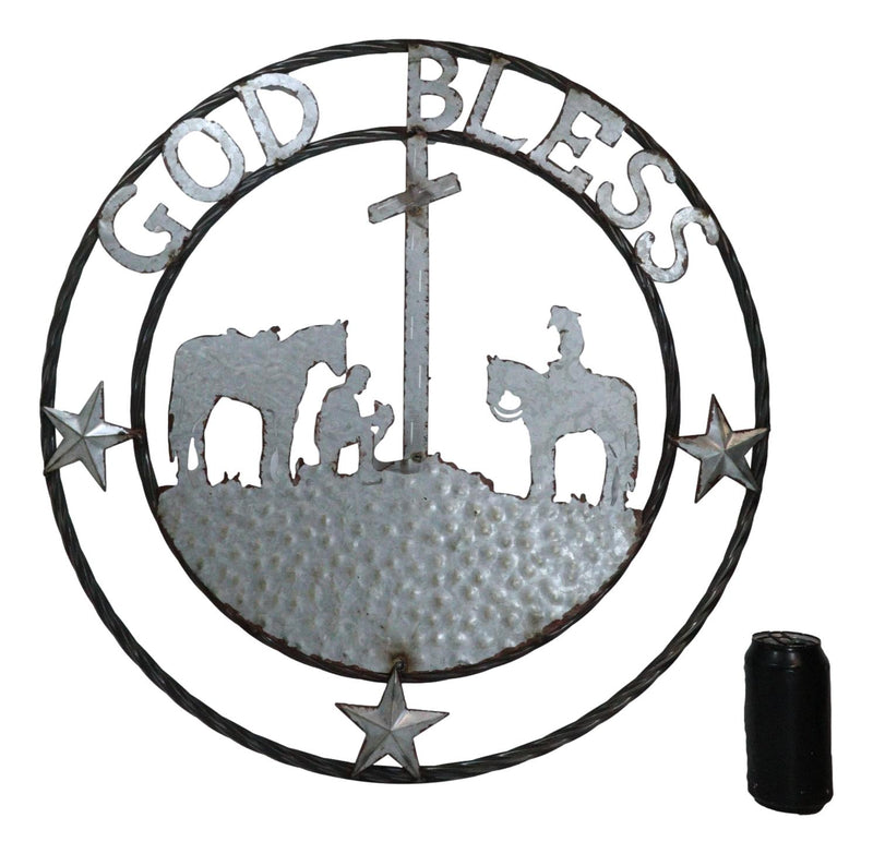 Large 24" Rustic Western Praying Cowboy Cowgirl God Bless Metal Wall Circle Sign