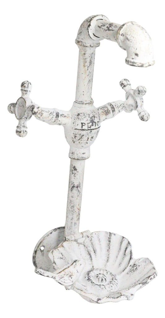 Cast Iron Antiqued White Spigot Faucet Bird On Flower Wall Bird Feeder Bath 16"H