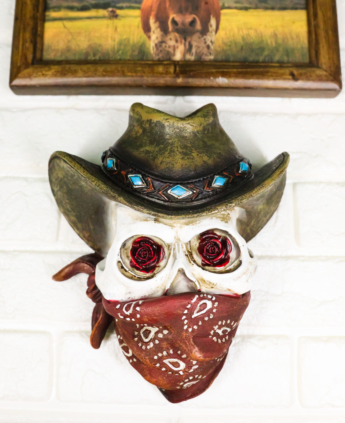 Western Wild West Cowboy Skull With Rose Eyes Hat and Bandana Mask Wall Decor
