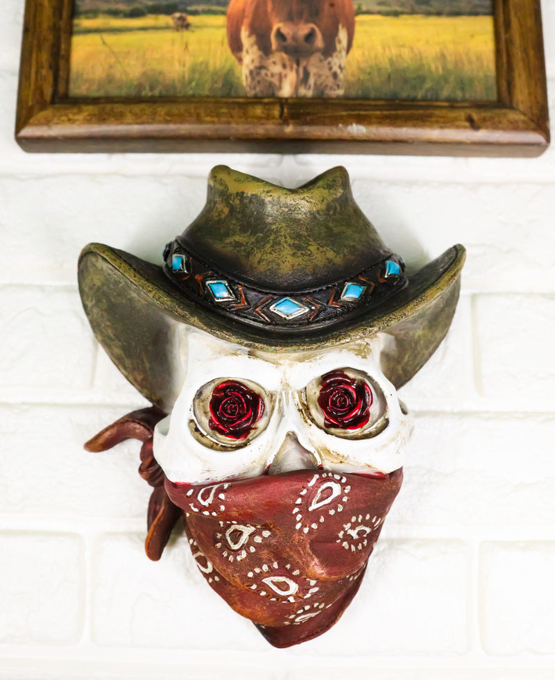 Western Wild West Cowboy Skull With Rose Eyes Hat and Bandana Mask Wall Decor
