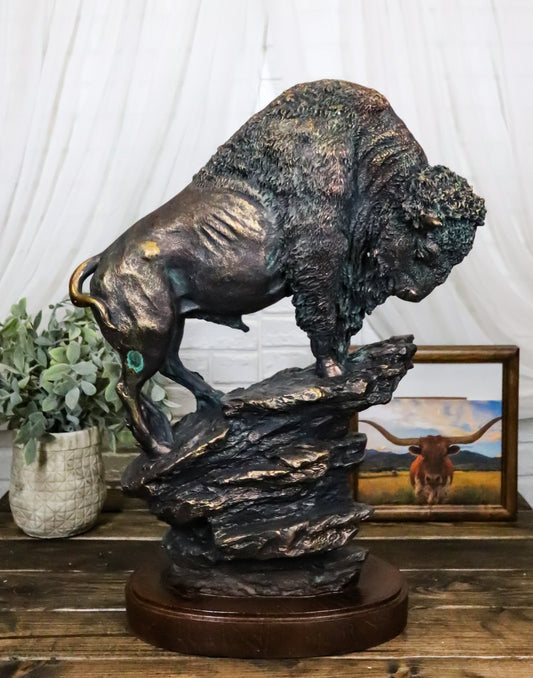 Large 20"H North American Grassland Plains Bison Buffalo On Rocky Slope Statue - Ebros Gift