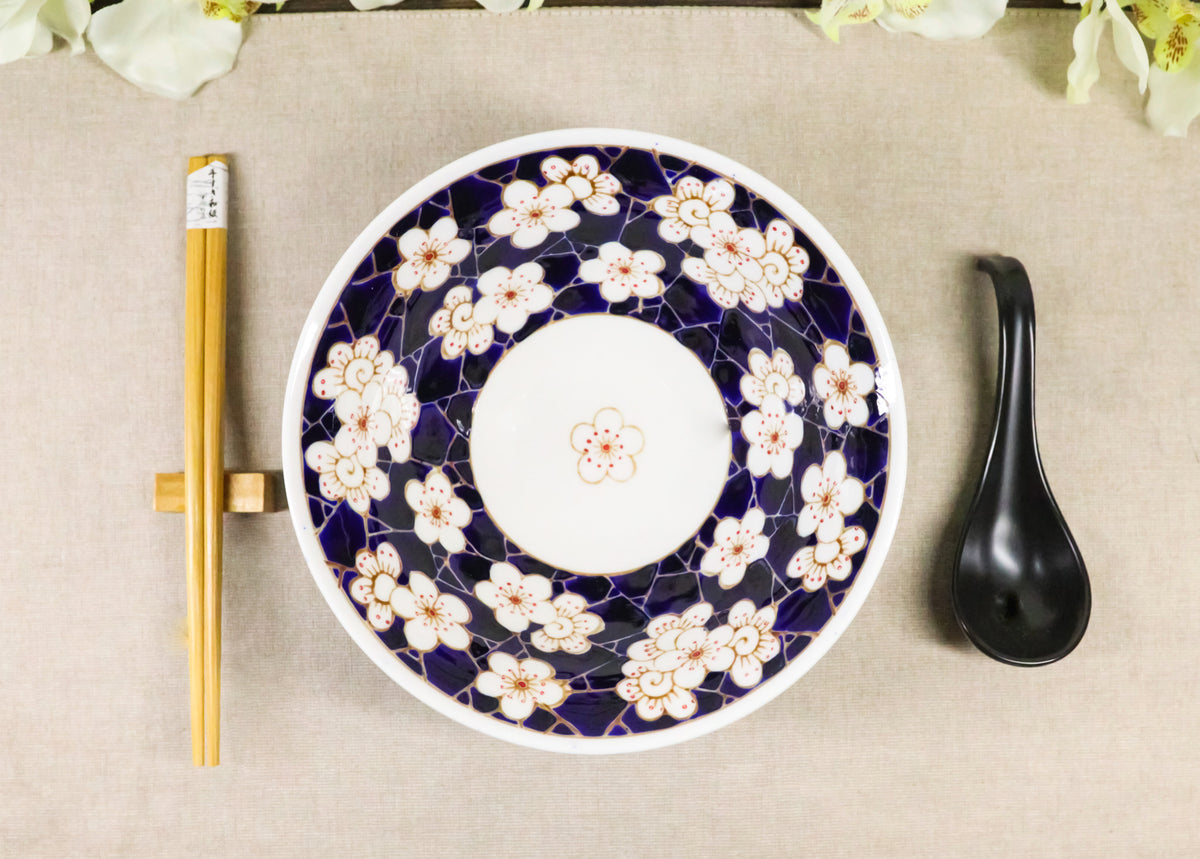 White Ume Plum Flowers Ceramic Ramen Bowl Soup Spoon Chopsticks And Rest Set