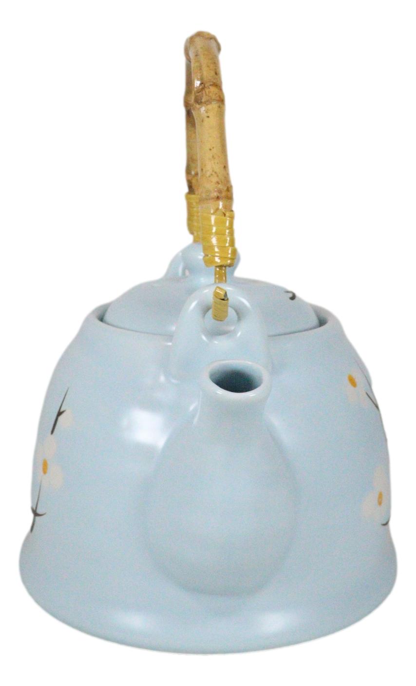 Japanese Sakura Cherry Blossom Branches Pastel Blue Ceramic Tea Pot Teapot 36oz - Ebros Gift