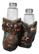 Rustic Cowgirl Turquoise Flowers Stars Double Boots Salt Pepper Shakers Holder