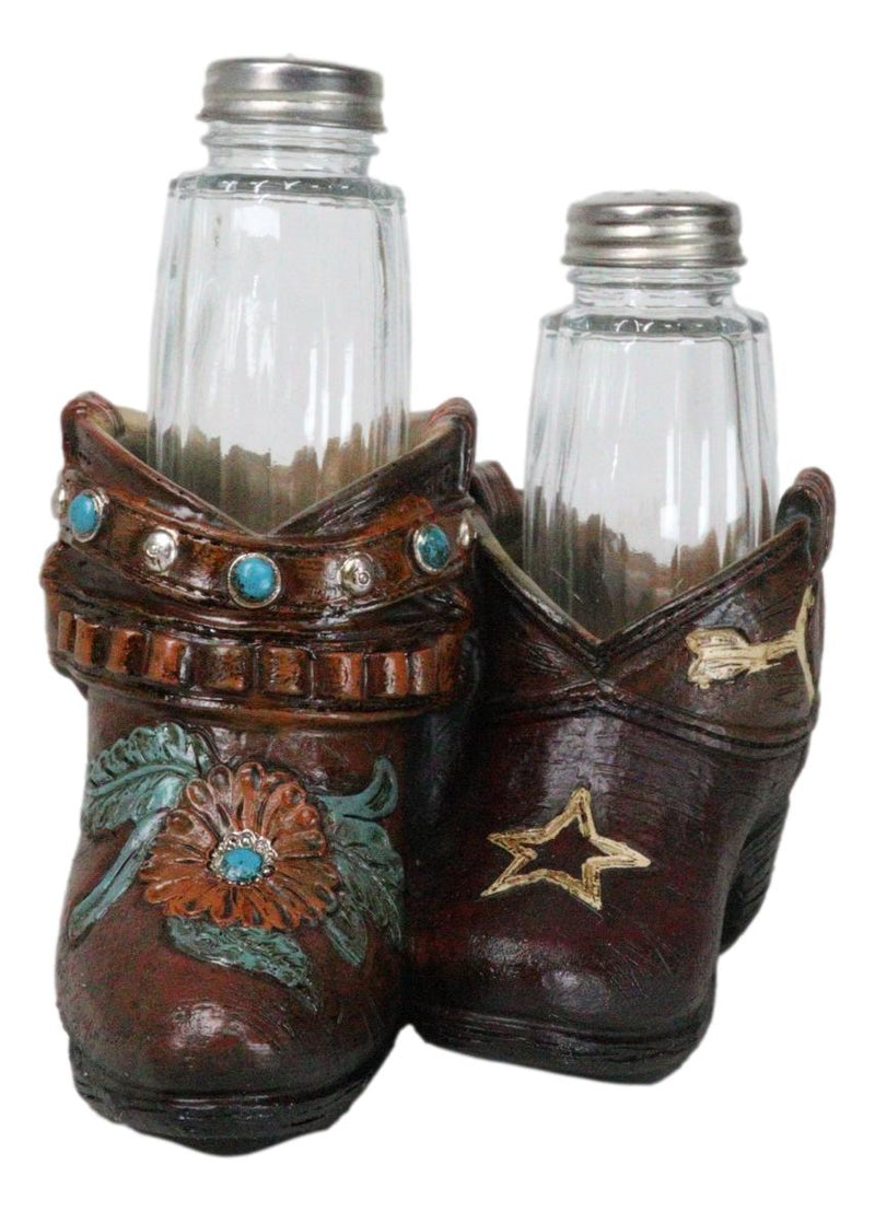 Rustic Cowgirl Turquoise Flowers Stars Double Boots Salt Pepper Shakers Holder