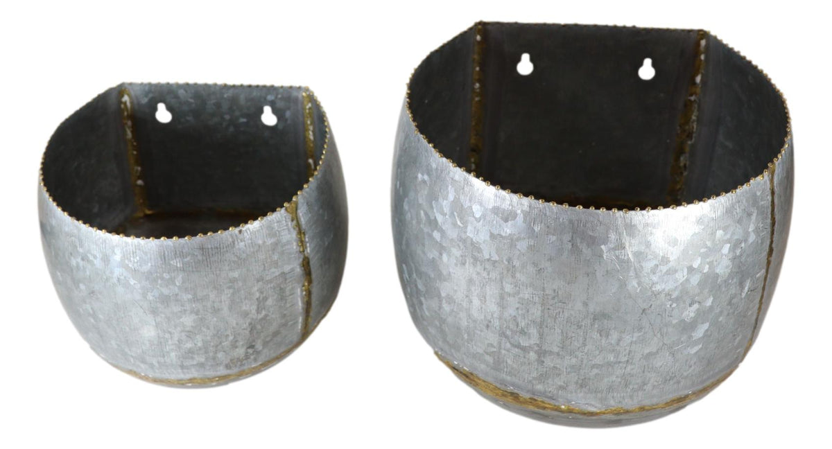Farmhouse Rustic Galvanized Metal Silver with Gold Accent Wall Planters Set of 2
