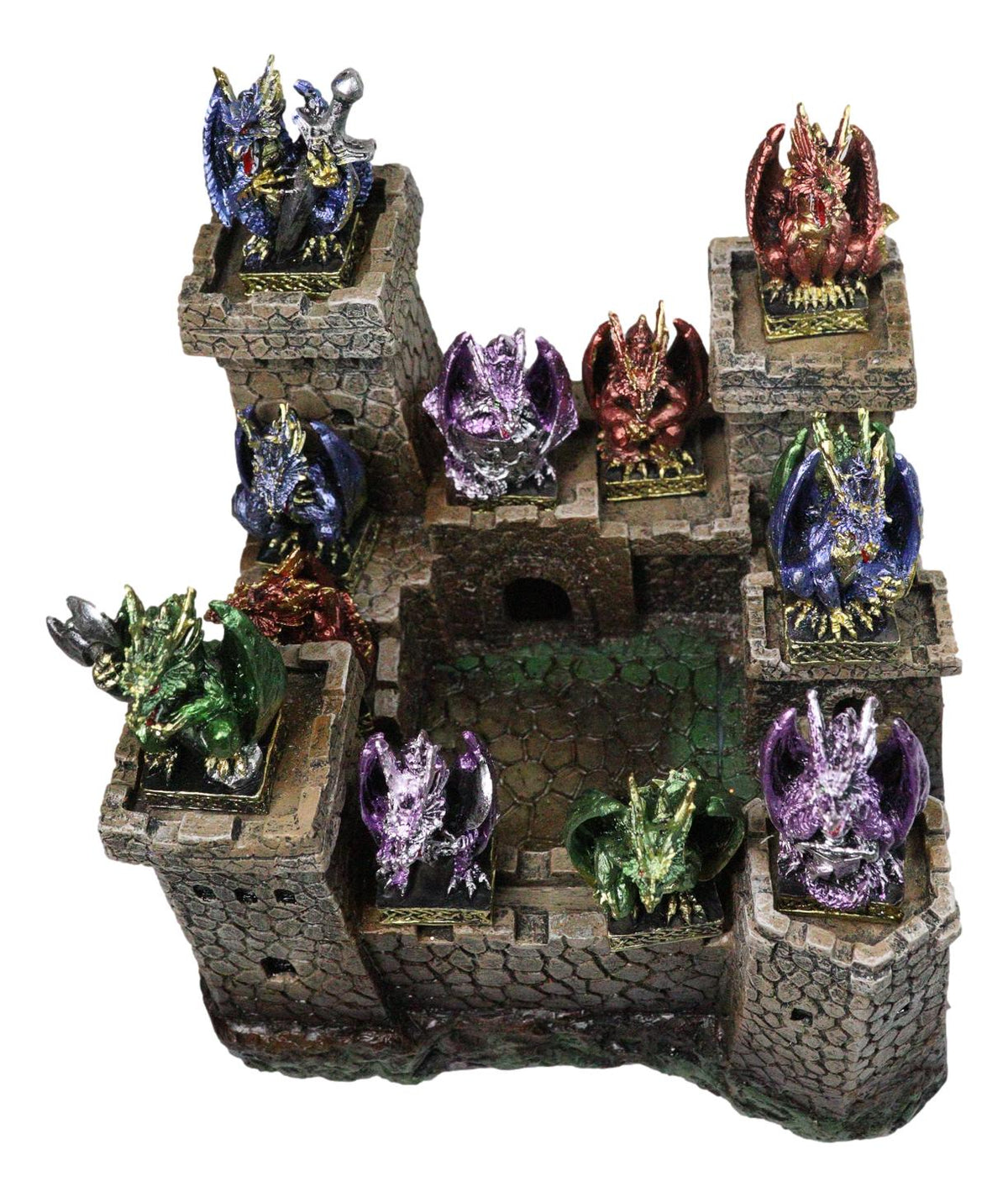 Medieval Grand Stonewall Castle Gatehouse With 12 Miniature Dragons Figurine Set