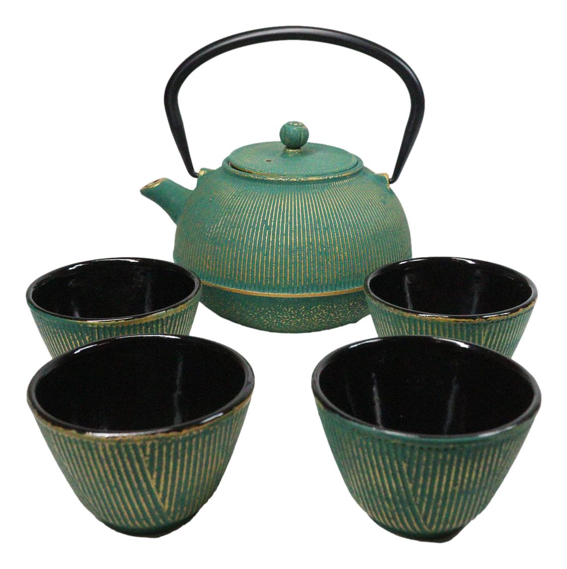 Green Tokusa Gold Streaks Tetsubin 27oz Cast Iron Tea Pot With 4 Cups Set