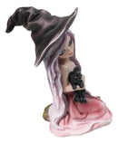 Gothic Beautiful Witch In Pink Dress And Magical Hat Holding Black Cat Figurine