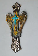 Rustic Tuscany Fleur De Lis Silver Scroll Angel Wings Turquoise Stone Wall Cross