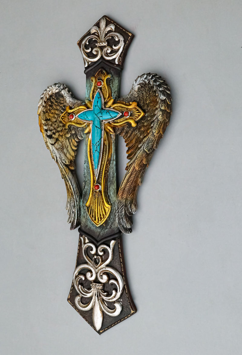 Rustic Tuscany Fleur De Lis Silver Scroll Angel Wings Turquoise Stone Wall Cross