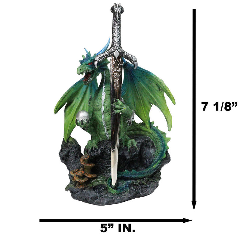 Green Dragon Holding Silver Orb And Draconian Sword Letter Opener Figurine
