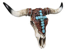 Southwest Steer Cow Skull With Turquoise Cross Tooled Leather Motif Wall Decor