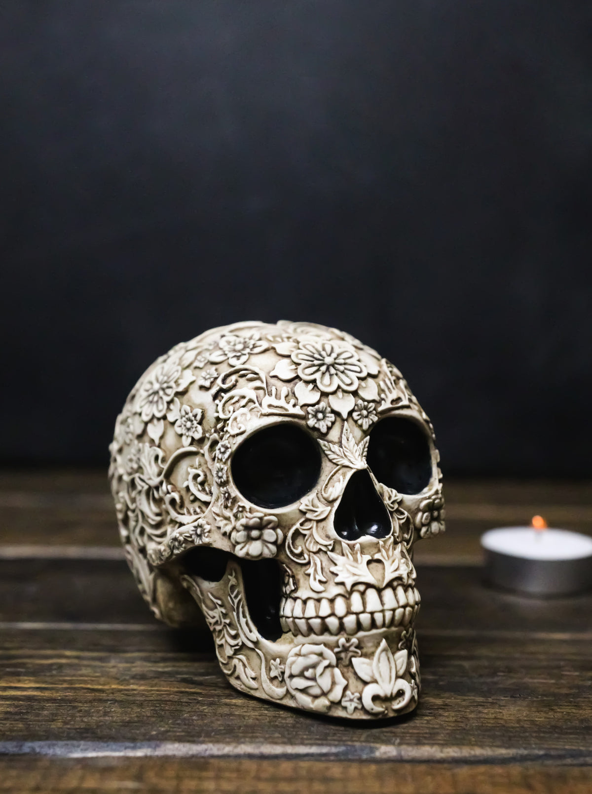Ebros Gift Floral Bone Cream Sugar Skull Figurine with Rose Flower Designs
