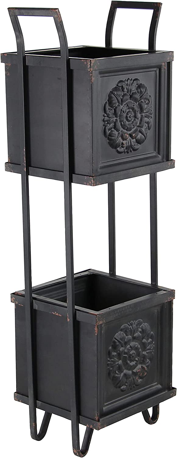 Rustic Farmhouse 2 Tiered Black Metal Box Planters With French Floral Design