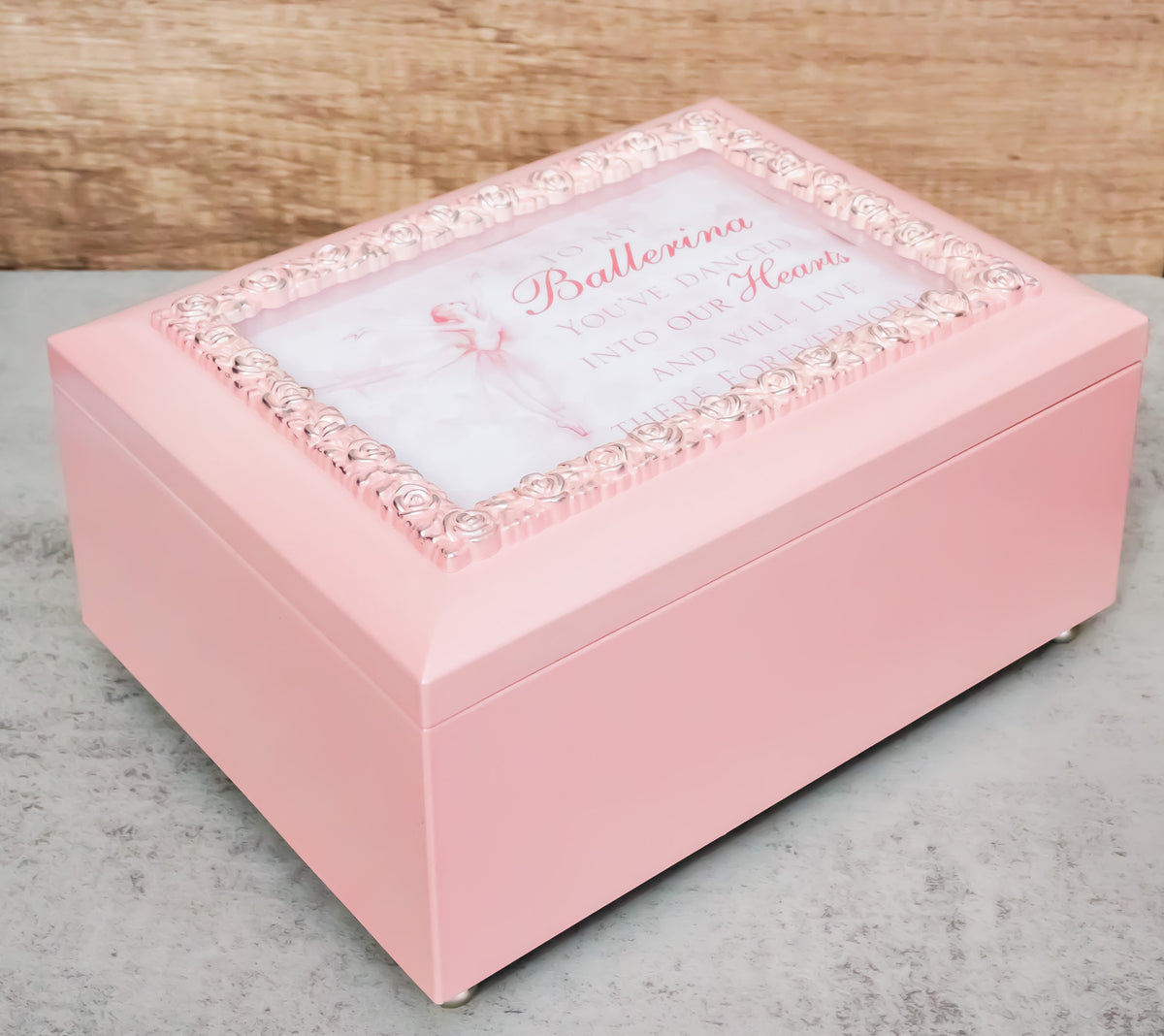 Forever In Our Hearts Dancing Ballerina Pink Floral Wooden Trinket Musical Box