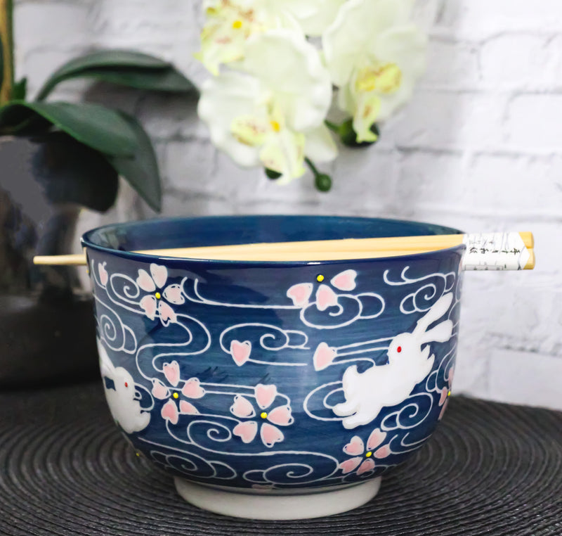 Pink Sakura White Rabbits Large 24Oz Donburi Ramen Bowl With Chopsticks Set
