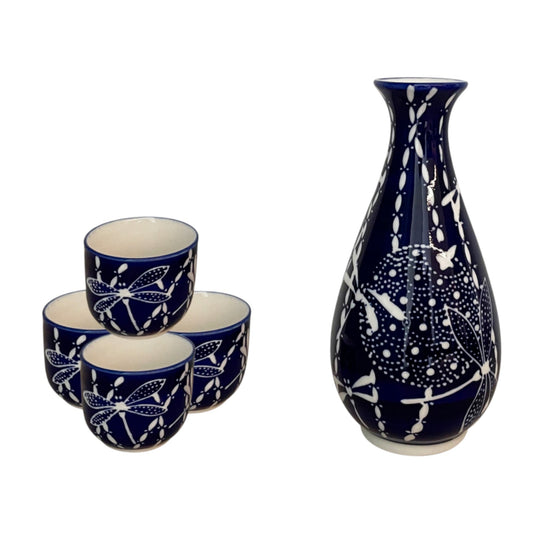 Dark Blue Tombo Dragonfly Porcelain Sake Carafe Flask And 4 Ochoko Cups Set