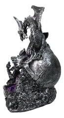 Silver Gothic Dragon On Oversized Skull with Faux Geode Crystal LED Figurine