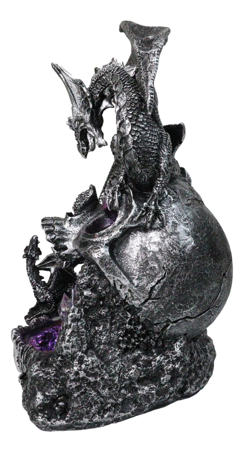 Silver Gothic Dragon On Oversized Skull with Faux Geode Crystal LED Figurine