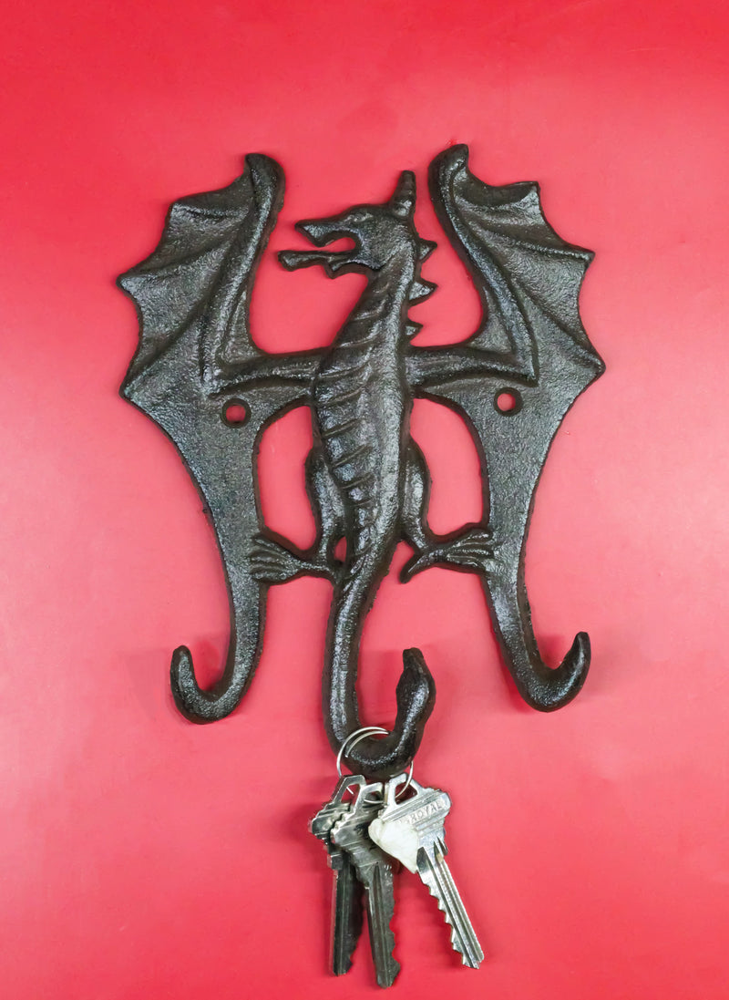 Pack Of 2 Cast Iron Rustic Fantasy Viking Beowulf Dragon 3Pegs Wall Keys Hook