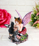 Tribal Autumn Girl Fairy with Red Hair Talking with Winged Black Cat Figurine