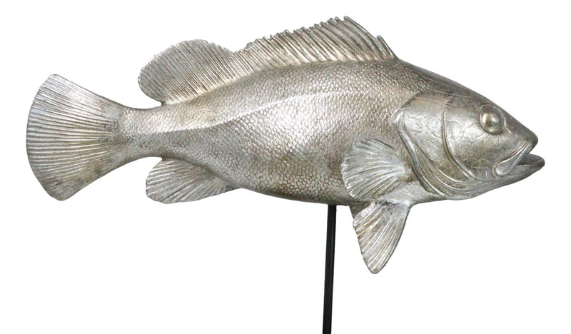 Ocean Marine Silver Tone Serranidae Grouper Fish Sculpture On Metal Pole Stand