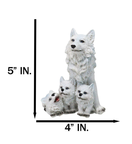 Winter Snow White Wolf Mother Sitting with 3 Adorable Cubs Family Figurine Decor