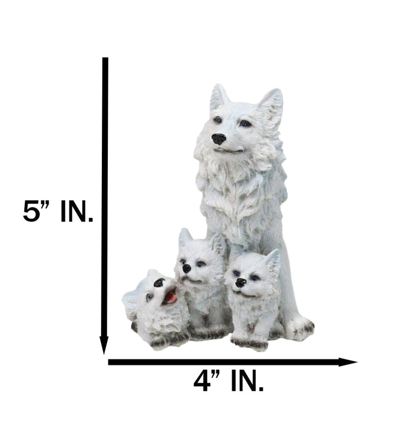 Winter Snow White Wolf Mother Sitting with 3 Adorable Cubs Family Figurine Decor