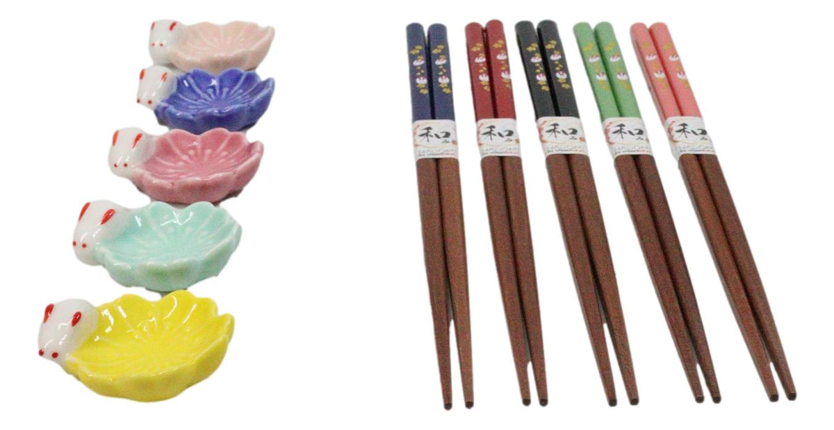 5 Pairs Of Pastel Sakura Cherry Blossoms Ceramic Rests And Wooden Chopsticks Set