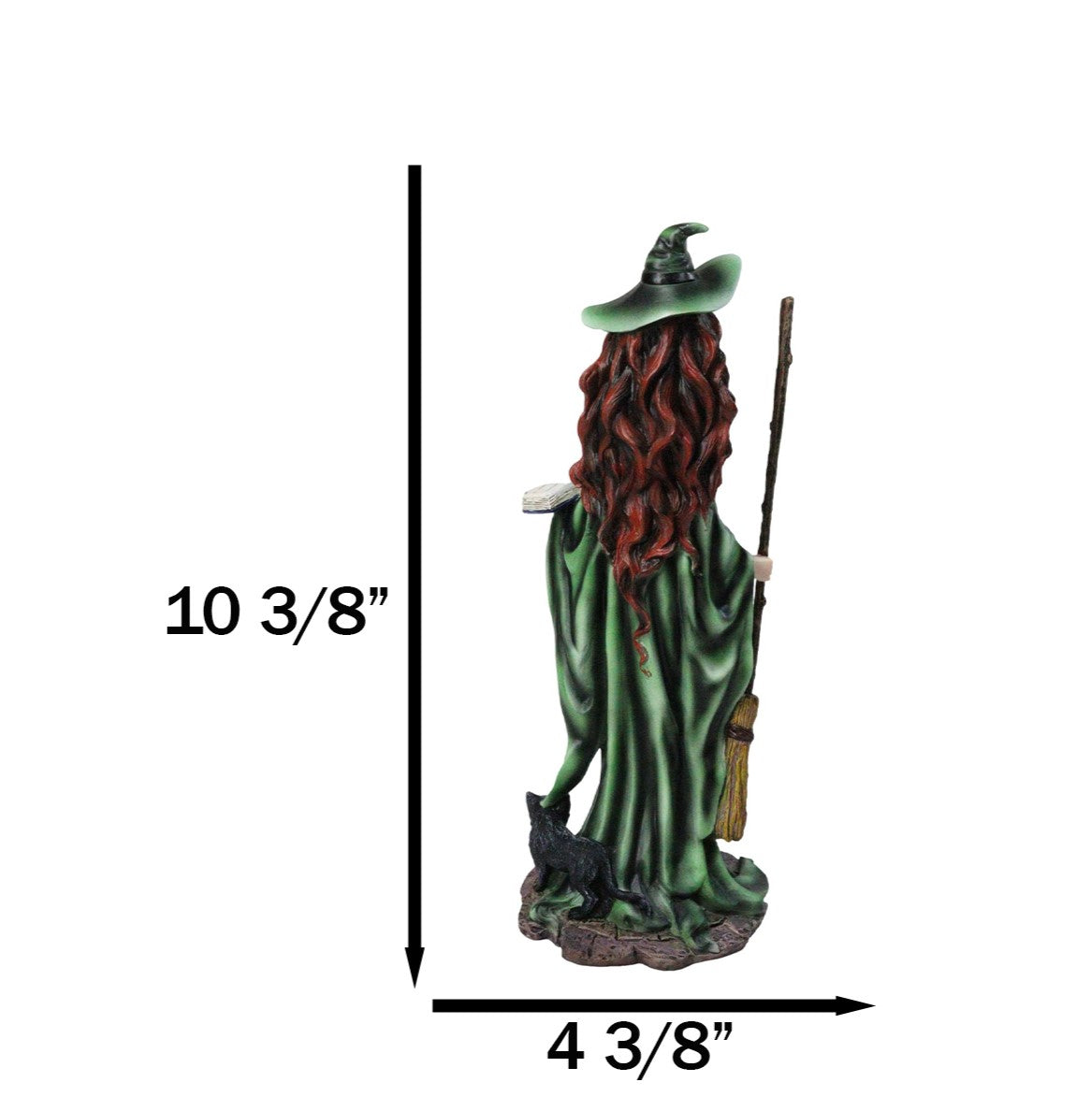 Wicca Magic Green Witch Figurine with Broomstick, Spell Book & Black Cat, 10"H