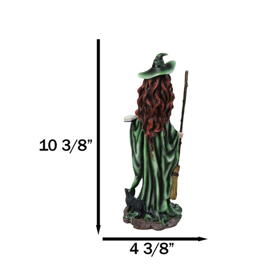 Wicca Magic Green Witch Figurine with Broomstick, Spell Book & Black Cat, 10"H
