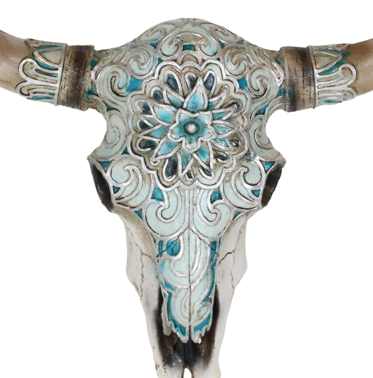 Western Turquoise Floral Horned Cow Skull Wall Decor Plaque