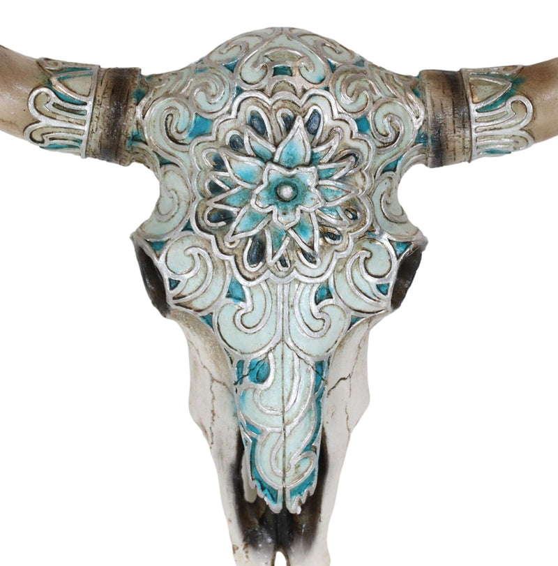 Western Turquoise Floral Horned Cow Skull Wall Decor Plaque