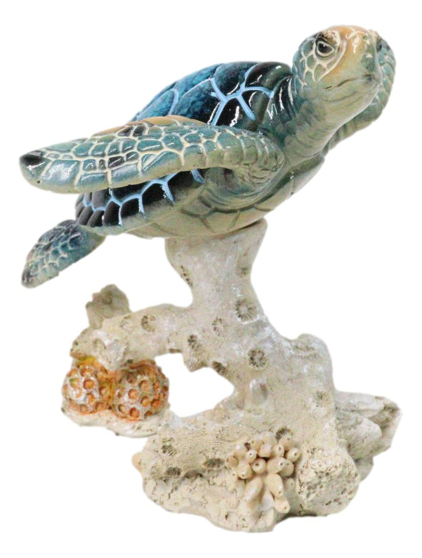 Ebros Sea Turtle Blue Shell Swimming Over Coral Reef Resin Figurine 4.25"H