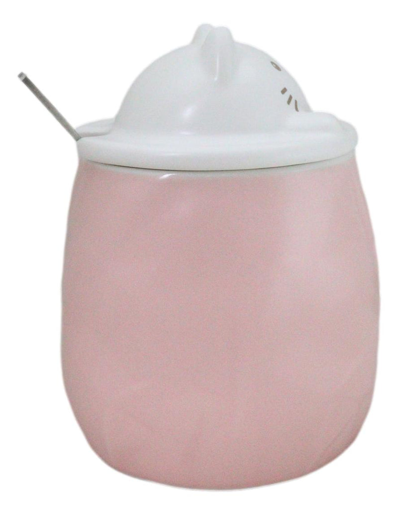 Whimsical Pastel Pink Feline Kitty Cat Cup Mug With Lid And Stirring Spoon