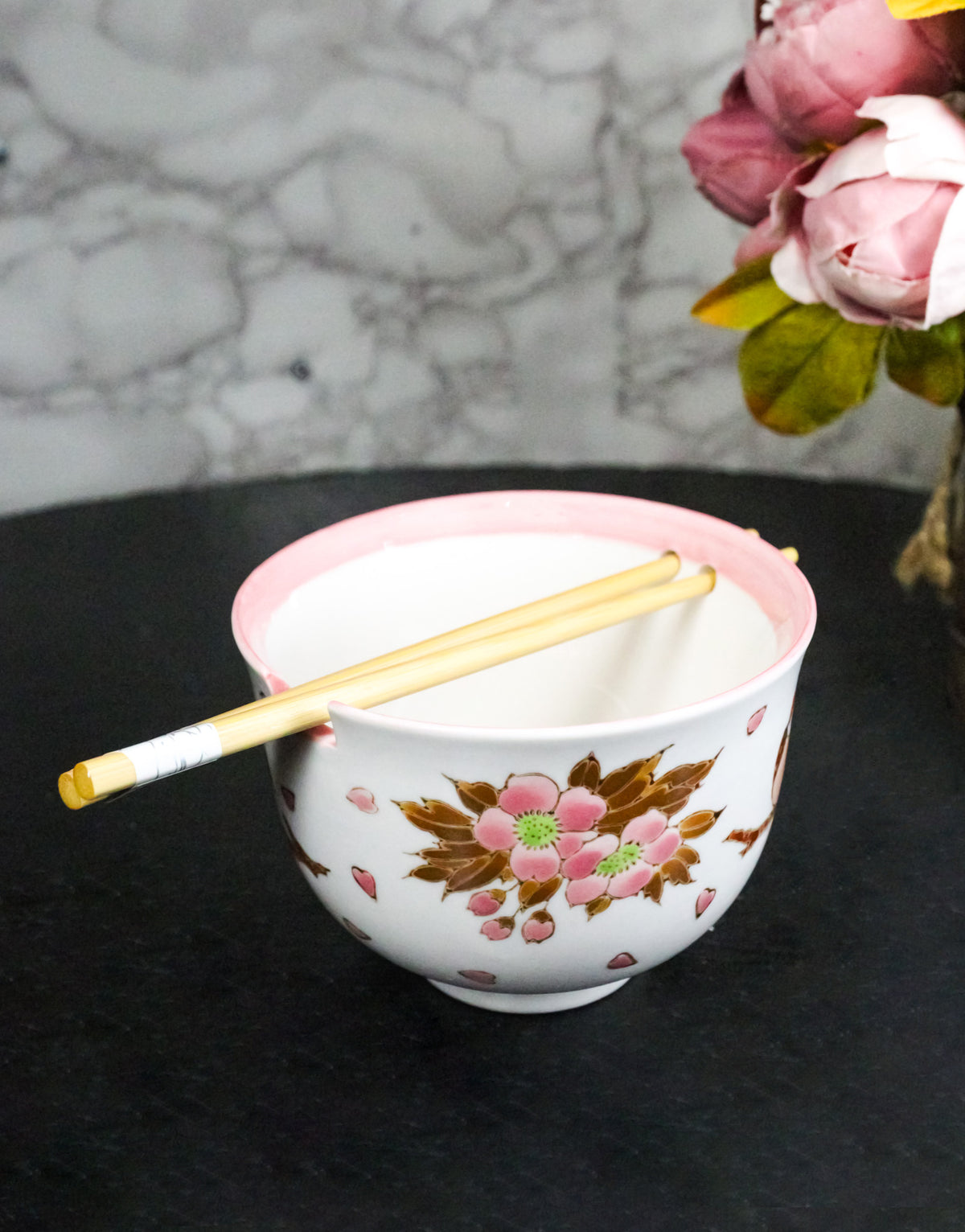 Twin Sparrows Cherry Blossom Ceramic Donburi Ramen Bowl With Chopsticks Set