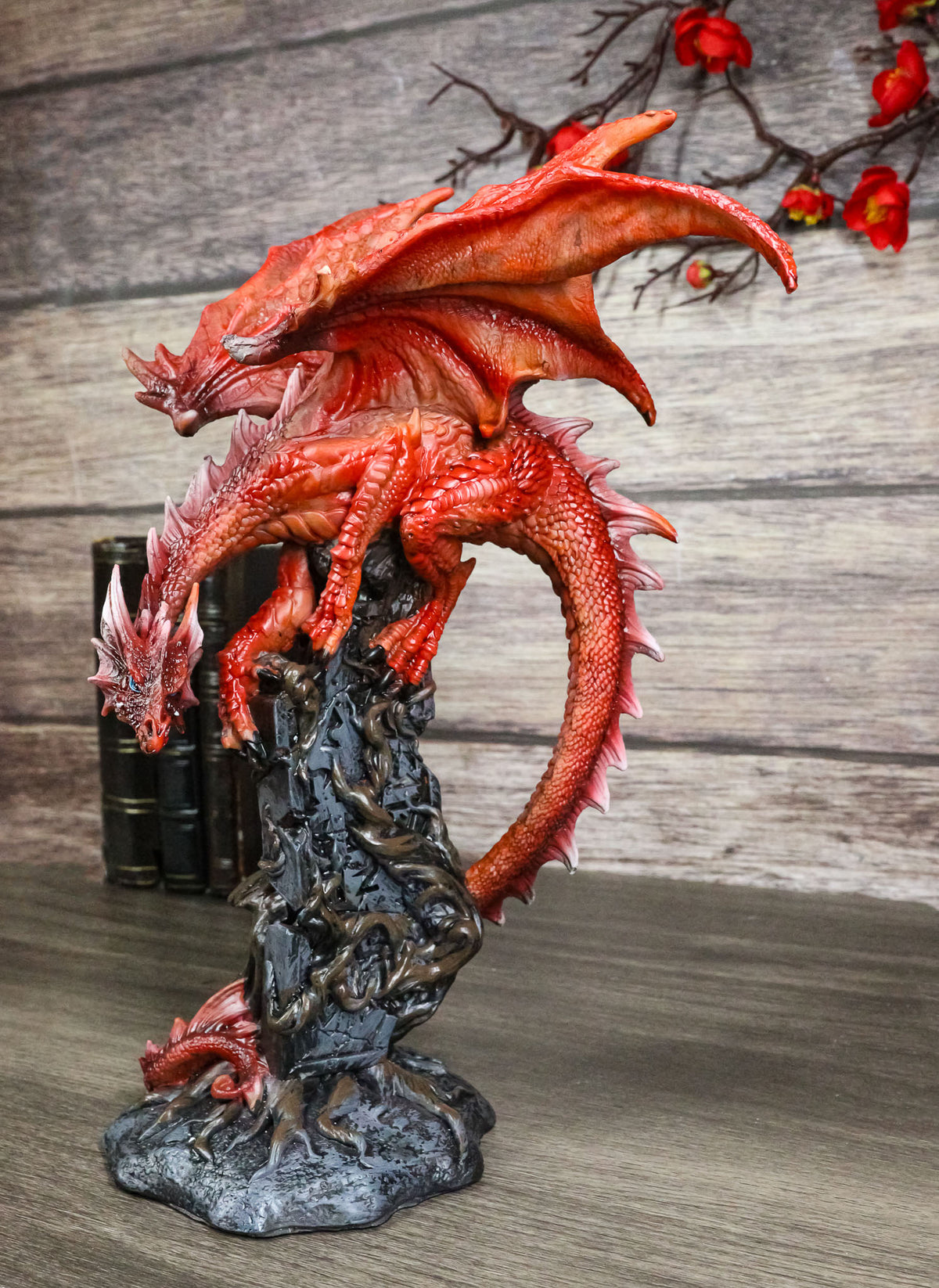 Wizard Fantasy Red Volcanic Dragon Perching On Rune Stone Tower Rock Figurine