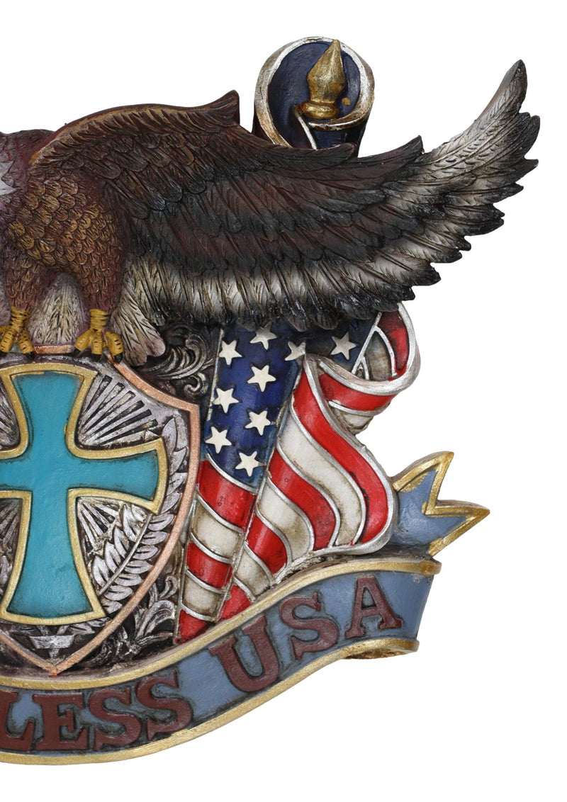 Patriotic Flags Bald Eagle On Cross Crest God Bless USA Wall Plaque Sculpture