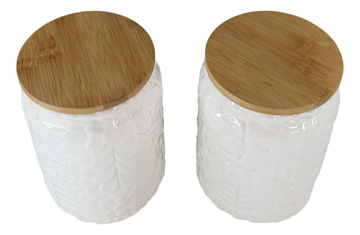 Set of 2 Ceramic White Floral Air Tight Canister Storage Jars Bamboo Lid 44oz