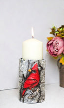 Red Cardinal Faux Birchwood Tree Pillar Candle Holder Rustic Songbird Figurine