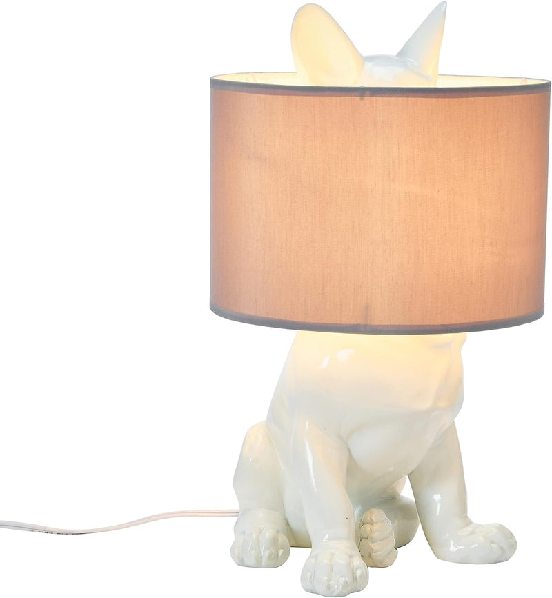 Whimsical Cute White Hiding Dog Desktop Bedside Table Lamp With Fabric Shade 17"