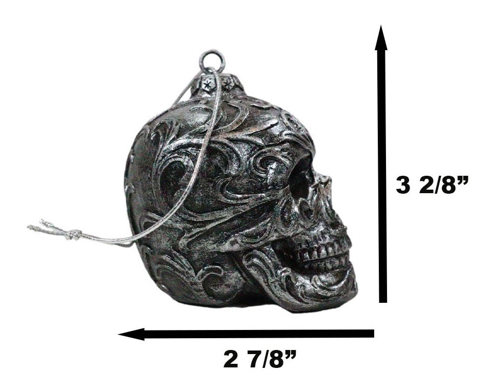 Set of 4 Day Of The Dead Faux Gunmetal Silver Tribal Tattoo Skull Tree Ornaments