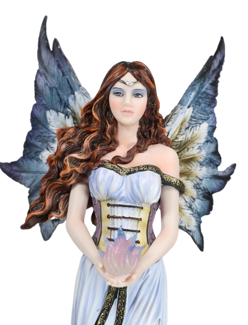 Enchanted Fantasy Damsel Fairy In White Corset Gown Holding Blue Flame Figurine