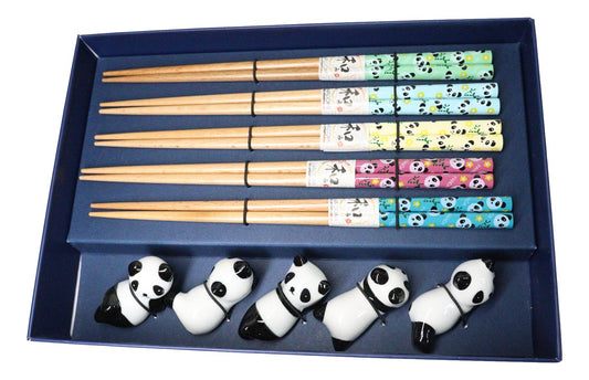 5 Pairs Of Playful Oriental Panda Bears Ceramic Rests With Wooden Chopsticks Set