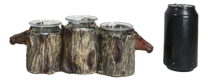 Rustic Western 3 Brown White Horses By Tree Logs Triple Votives Candle Holder