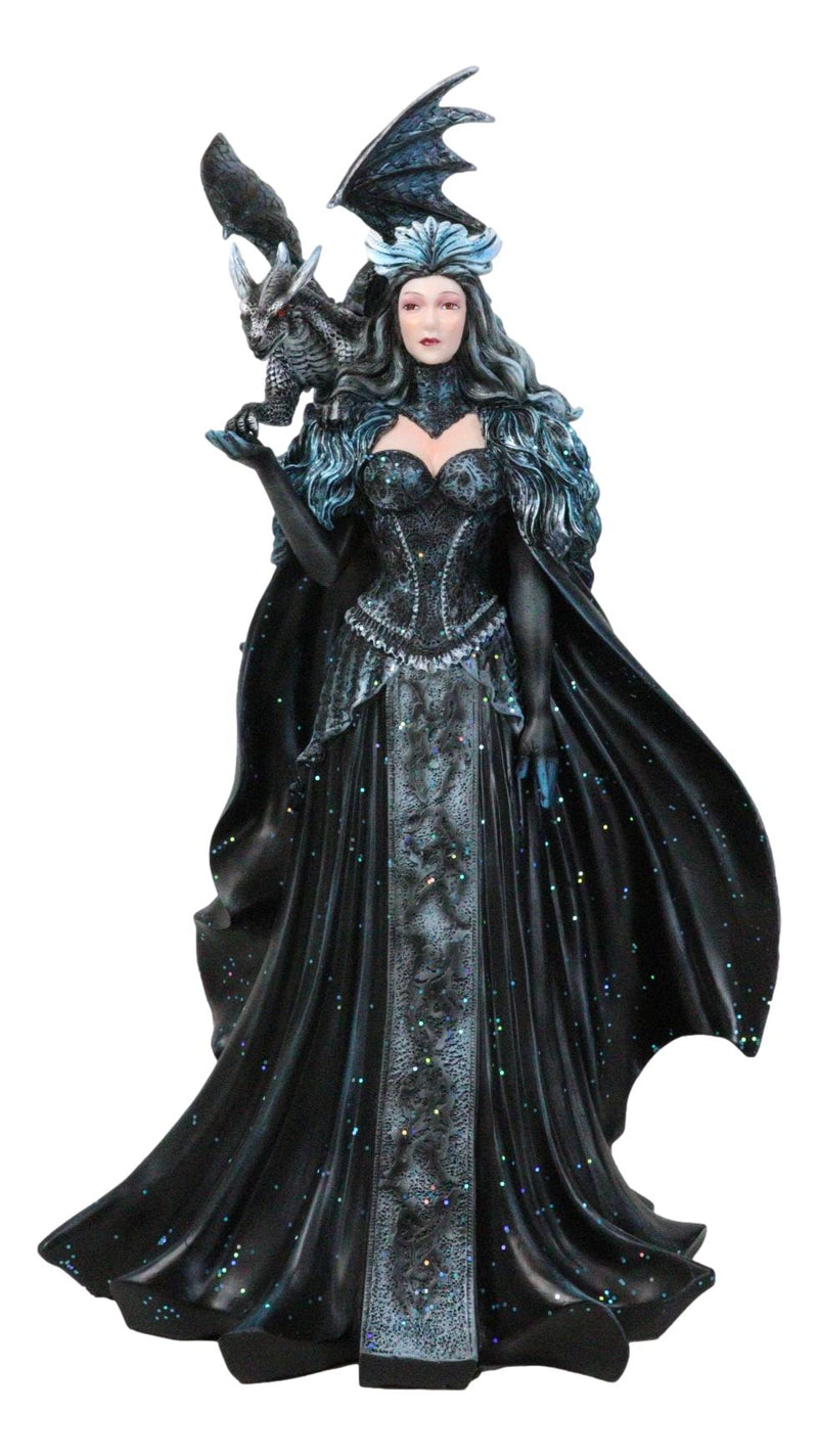 Large Gothic Necromancy Black Dragon Witch Dark Queen In Long Gown Statue